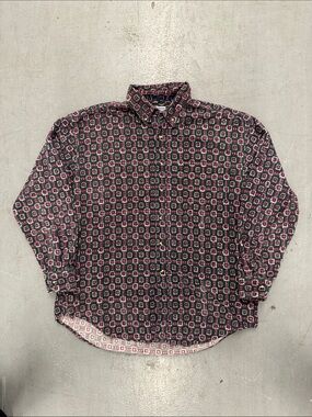 Vintage Men's GeometricPatterned Corduroy-Like Button-Up Shirt - Green & Magenta